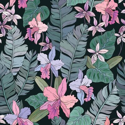 Tropical orchid flowers and palm leaves on black background. Seamless pattern.