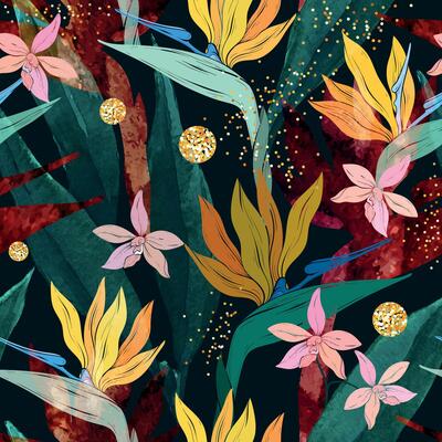 Seamless pattern of Bird of paradise flowers, jungle plants and leaves, watercolor texture. Wallpaper design. Modern style.