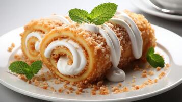 Mini sponge cake roll dessert cream vanilla and caramel photo
