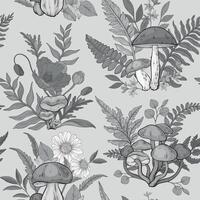Seamless monochrome pattern with different types of mushrooms, poppies, chamomile and ferns. vector