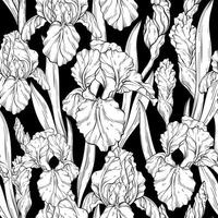 Seamless Black and white pattern with iris flowers and leaves. Spring floral print, decorative botanical background vector