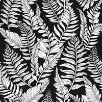 Seamless pattern of wild forest plants, leaves and young ferns on black background. vector