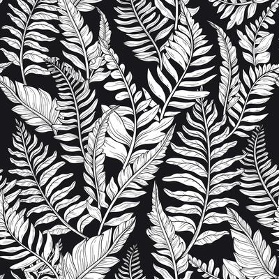 Seamless pattern of wild forest plants, leaves and young ferns on black background.
