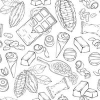 Outline Chocolate seamless pattern. Hand drawn candy, Cocoa Beans, Chips, and Chocolate Bar background. vector