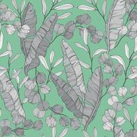 Leaves and branches seamless monochrome pattern. Eucalyptus and banana leaves. vector