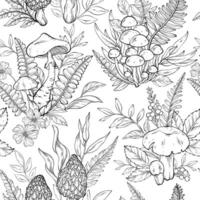 Seamless outline pattern with different types of mushrooms, flowers and plants. vector
