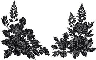 Set of floral bouquets with lupins, hibiscus silhouettes. floral design elements with green leaves, chrysanthemum, roses, peony and lupines flowers. vector