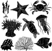 Silhouettes underwater set. Various shell, algae, turtle, crab, crayfish, jellyfish shell coral starfish anemone vector