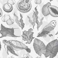 Seamless monochrome pattern with Tropical elements. Hawaii, beach and summer related items. Stingray, owl, turtle, seaweed, coral and papaya vector