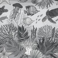 Marine Life monochrome pattern, the ocean and underwater world with different inhabitants. vector