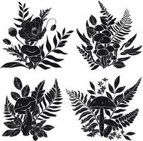 Set of different types of mushrooms, poppy, flowers, grass and berries, ferns silhouettes. vector