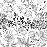 Marine Life pattern, the ocean and underwater world with different inhabitants. Seamless outline illustration vector