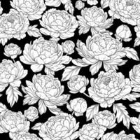 Seamless pattern with outline peony flowers, black background. Botany. vector
