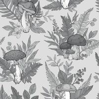 Seamless monochrome pattern with different types of mushrooms, flowers and berries, ferns. vector
