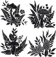 Set of different silhouettes of mushrooms, grass and berries, ferns. vector