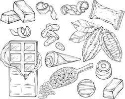 Chocolate outline set. Hand drawn candy, Cocoa Beans, Chips, and Chocolate Bar. vector