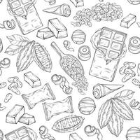 Outline Chocolate seamless pattern. Hand drawn candy, Cocoa Beans, Chips, and Chocolate Bar background. vector