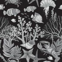 Marine Life monochrome pattern on black background, the ocean and underwater world with different inhabitants. vector