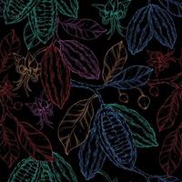 Cocoa outline seamless pattern. Dark background. Tropical plantation, fruit. vector