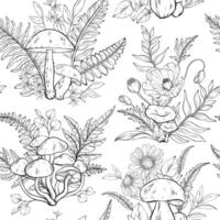Seamless outline pattern with different types of mushrooms, poppies, chamomile and ferns. vector