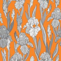 Seamless monochrome pattern with iris flowers and leaves, orange background. Spring floral botanical print. vector