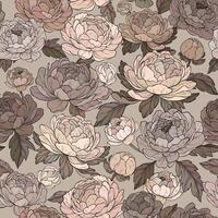 Seamless pattern with beautiful peony flowers, beige color palette. Botany. vector