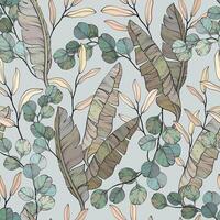 Leaves and branches seamless pattern. Eucalyptus and banana leaves. vector