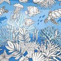 Marine Life pattern on blue background, the ocean and underwater world with different inhabitants. vector