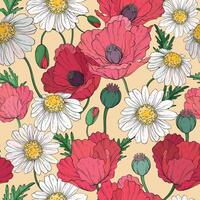 Seamless pattern with wildflowers poppy and chamomile, floral background. vector