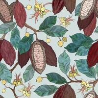 Seamless pattern of cocoa leaves, flowers and fruits of cocoa beans on blue background. vector