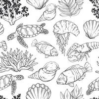 Outline sea creatures seamless design. Wild life pattern with sea inhabitants vector