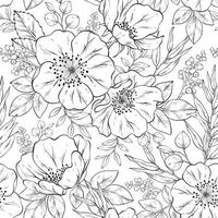 Seamless outline pattern with Hand drawn flowers and eucalyptus. vector