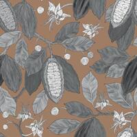 Seamless monochrome pattern of cocoa leaves, flowers and fruits of cocoa beans on brown background. vector