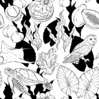 Seamless pattern with Tropical elements, black and white. Hawaii, beach and summer related items. Stingray, owl, turtle, seaweed, coral and papaya vector