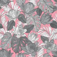Blossom floral seamless pattern. Lily flowers with monstera and palm leaves scattered random. Monochrome color palette. vector