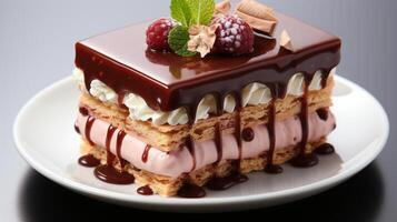 Cake chocolate cream slice for breakfast or tea time snack photo