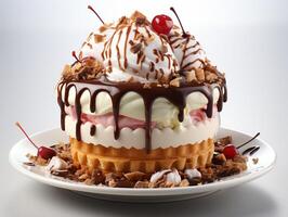 Ice cream waffle vanilla fruit chocolate scoop photo