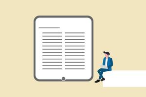 Businessman holding laptop checking document paper. concept of agreement or contract validation, financial or budget analysis vector