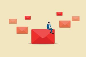 Businessman sittiing with computer laptop on email envelope. concept Email management, handle or manage to reply all emails, productive way vector