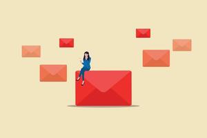 Business woman sittiing with gadget on email envelope. concept Email management, handle or manage to reply all emails, productive way vector