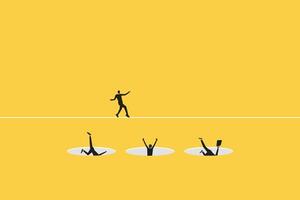 Business and financial crisis concept with businessman walking on the line and trying do not fall to abyss. Symbol of market crash, recession, risk, bankruptcy and loss. Eps10 illustration vector