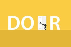 Businessman kicking door to open door on yellow background. Business and management. Way to success. Taking chances vector
