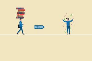 Businessman walking with books on head. concept of success, education level and skill development vector