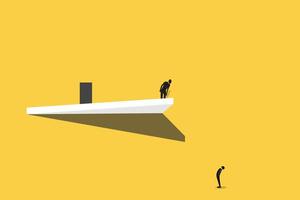 Successful businessman standing on top looking down and man looking up, which pointing up as symbol of achievement, success and developing business in successful way vector