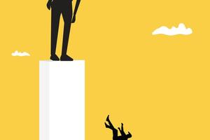 Successful businessman standing on the building looking down and man looking up, which pointing up as symbol of achievement, success and developing business in successful way vector