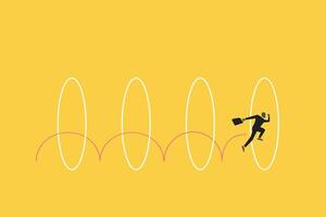Businessman jump pass many hoops to achieve business success. concept of Avoid pitfall, target, and success vector