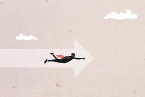 Super businessman flying follow the arrow. symbol of achievement, success and developing business in successful way. Businessman looking forward vector