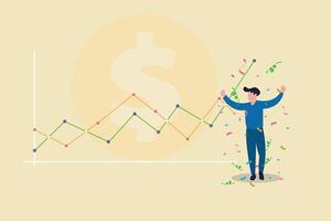 Businessman happy with financial chart with uptrend line graph and numbers in stock market. concept of growth, profit or increase revenue and success vector