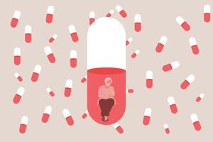 Senior sitting inside pill with a lot of pill his depressed from taking medicine vector