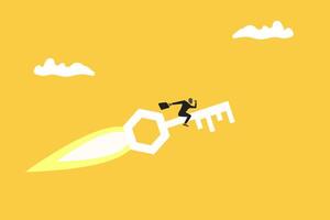 Businessman sitting on key rocket to destination. concept of creativity knowledge to achieve success, finding solution, knowledge is success key vector